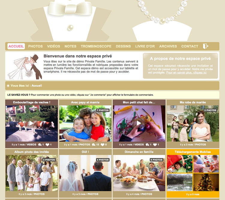 Voici un exemple d'espace privé d'une famille (site demo) avec des albums photos, des vidéos et toutes les rubriques de leur espace privé auquel les invités accèdent.