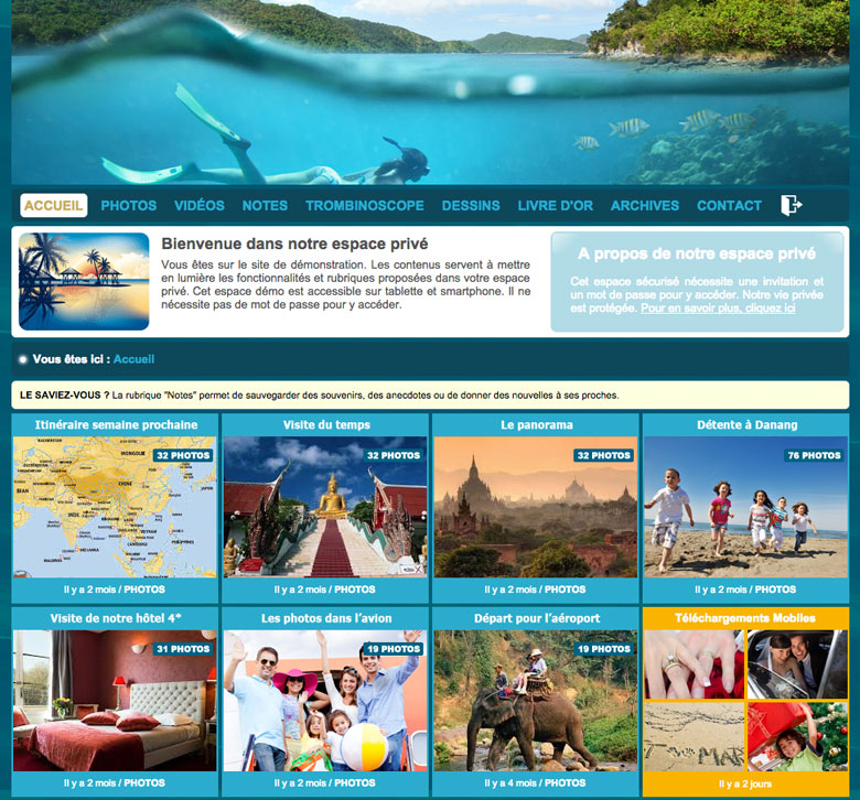 Voici un exemple d'espace privé d'une famille (site demo) avec des albums photos, des vidéos et toutes les rubriques de leur espace privé auquel les invités accèdent