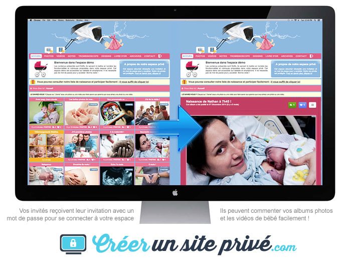 Exemple de blog grossesse privé avec stockage de photos et vidéos, uniquement accessible aux personnes de votre choix !